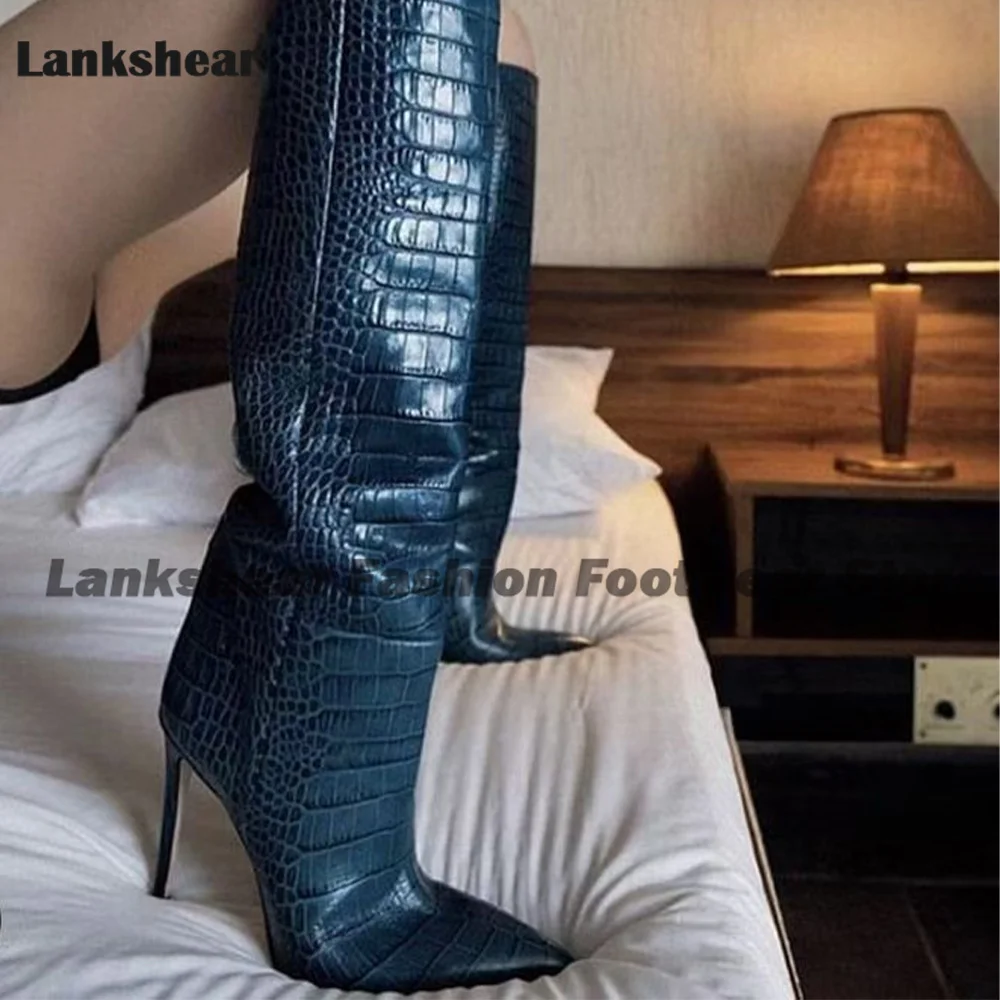 

Black Crocodile Slim Tall Boots Women Pointy Toe Stiletto High Heels Newest Runway Stylish Shoes 2024 Zapatos Para Mujere