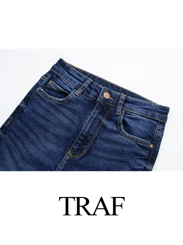 TRAF 2023 Autumn Women\'s Fashion Long Pants Solid Black High Waist Pockets Button Zipper Jeans Female High Street Denim Pants