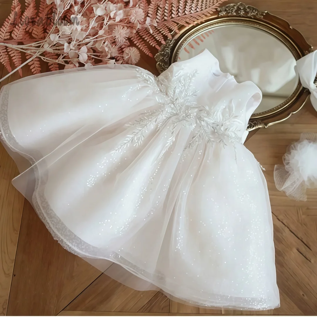 Abito Formale Bianco per Ragazze, Vestito da Sera Senza Maniche in Pizzo, Abito Corto da Damigella, Abbigliamento per Feste e Matrimoni