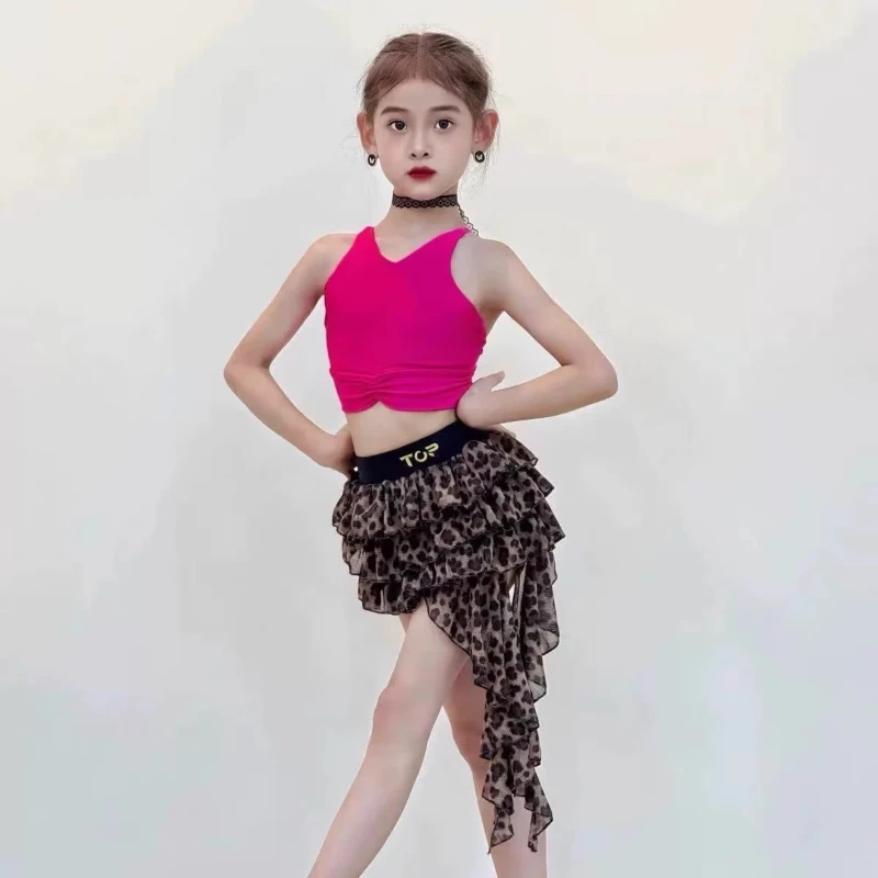 

Юбка-торт с леопардовым принтом для детских латинских танцев, тренировочная одежда, удобный и дышащий жилет, тренировочная одежда