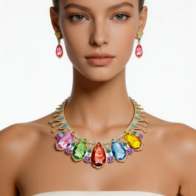 Designer Luxury Style Earrings Bracelet Necklace Inlay Colorful Drop Shape Cubic Zircon Synthetic Ruby Enamel Party Jewelry Sets