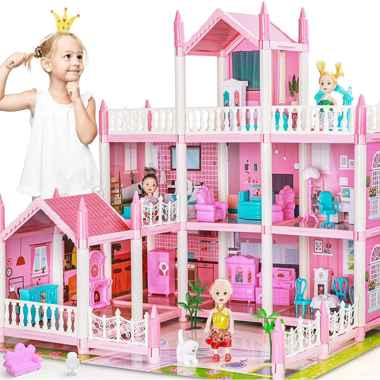 

Doll House for Girls with Lights Rooms Dolls Figure Puppies Furnitures Accessories Princess Toddler Dollhouse Playhouse Gift