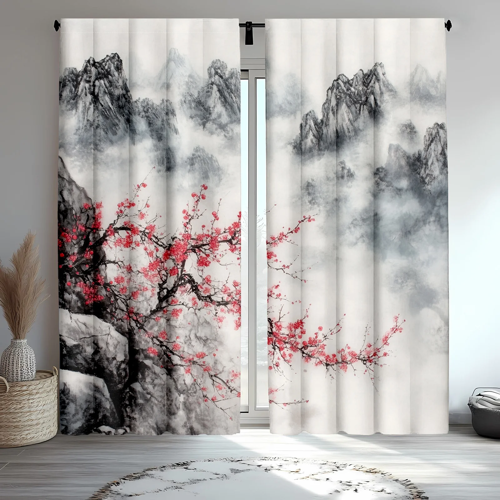 2pc Cherry blossom tree and mountain print curtains, polyester fabric, machine washable, suitable for bedroom and living room
