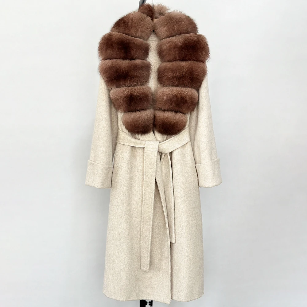 Reality Fur Coat Cashmere Wool Jacket Female Autumn Wool Blend Women Woolen Coat Warm Real Fox Fur Collar Winter Double-sided