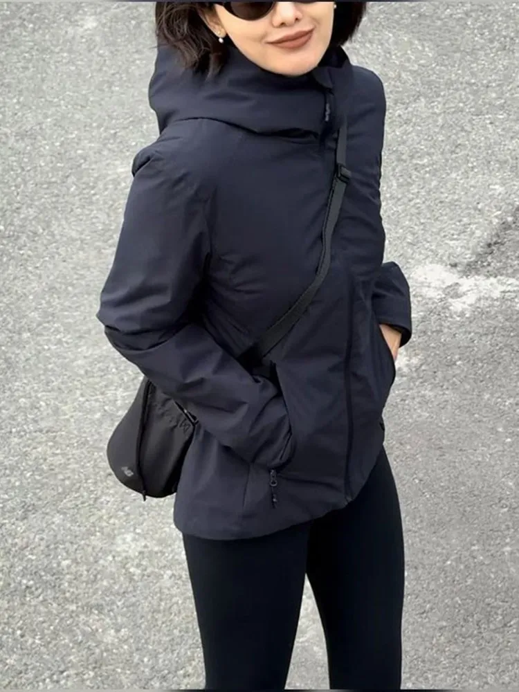 

Свободный крой с капюшоном и воротником-стойкой, женский джинсовый синий повседневный топ Spor Sle, осенний новый модный универсальный топ