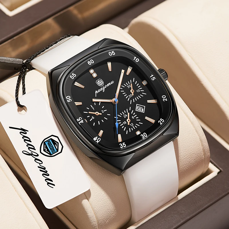 

Мужские модные часы-хронограф paagomu | Квадратный корпус, силиконовый ремешок, водонепроницаемый, с отображением даты | Спортивные наручные часы для мужчин