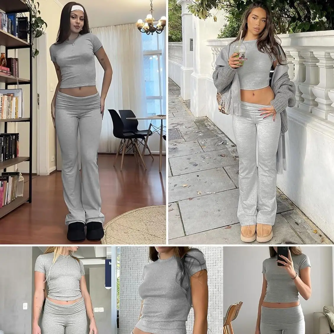 

Women's 2-Piece Exercise Set round Ne T-irt Flared Pants Low Waist Sports Wear Casual Fitn Outfit ort Sve