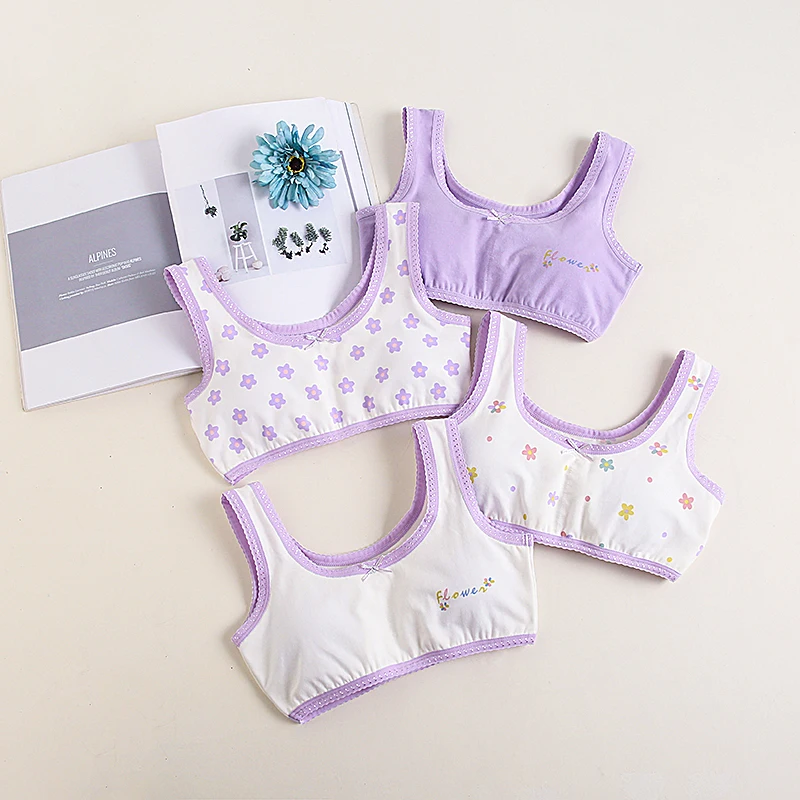 1pcs Girl Purple Flowers Bra Set Teens Comfy Underwear Set Children Cotton Breathable Bras Size 130-160