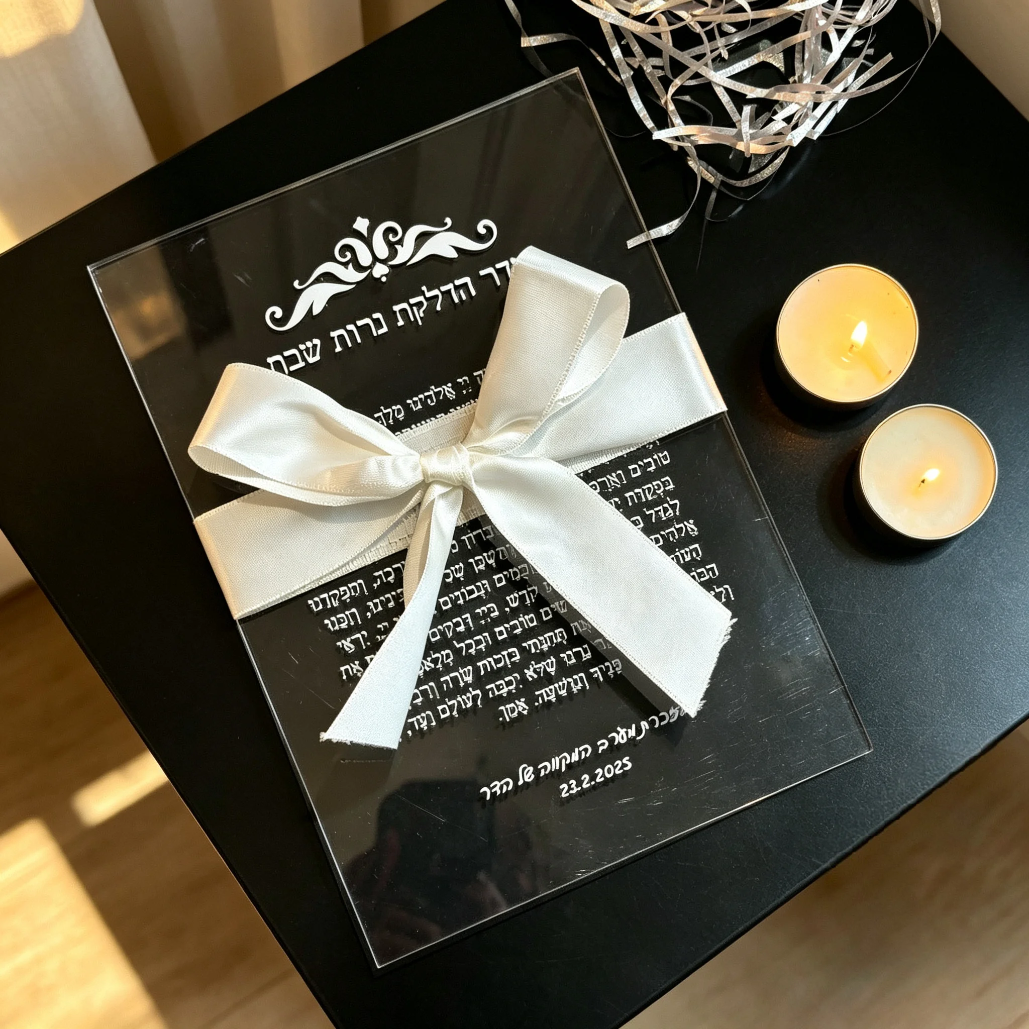 1mm Transparent Custom Wedding Invitation Card,Acrylic Hebrew,Prayer Blessings,Candle Design Bar Mitzvah Gift,Souvenir,Tied Bow