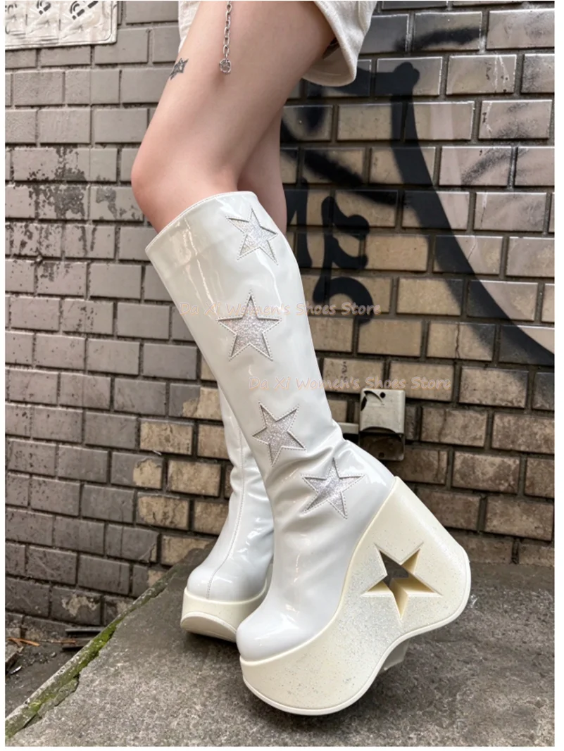 Ultra-High Platform Cutout / Openwork Star Design Glossy Finish Pink Ankle Boots Wedge Heel Back Zipper Gothic Women's  Boots