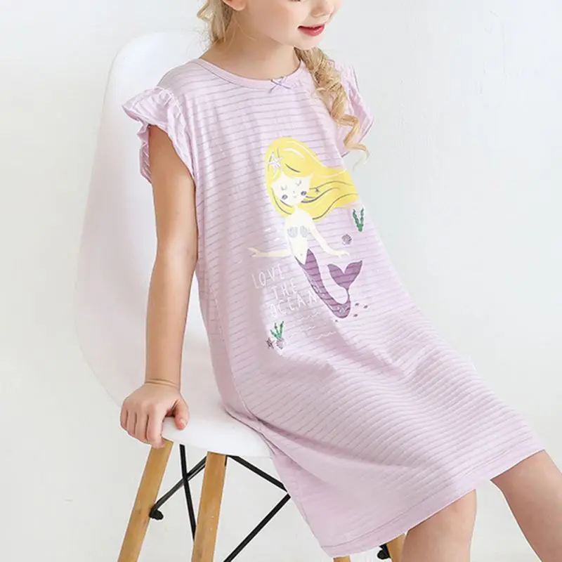 Summer Children\'s Girls Nightdress Kids Pajamas Dress Short Sleeve Girls Cartoon Nightgowns Soft Comfortable Girl Home Wear