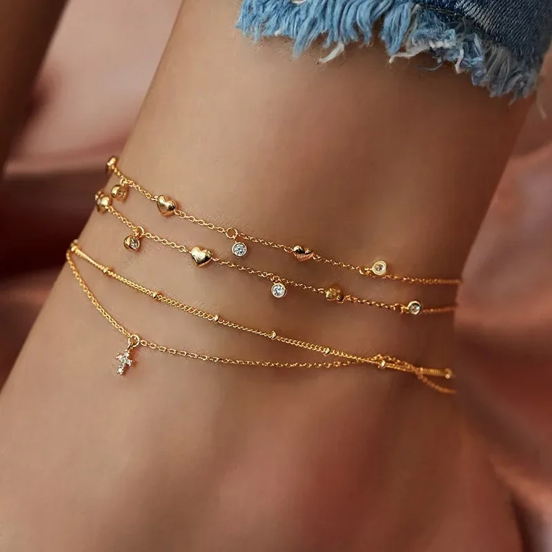 4pcs Set Personality Moon and Star Cross Multilayer Anklet for Women Charm Fashion Heart Summer Beach Body Accessories Jewelry