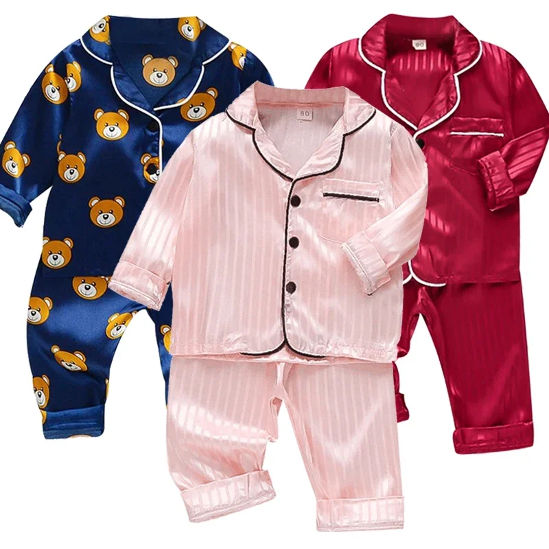 

home Wear Long Sleeve Baby suit Kids Clothes Toddler Boys Girls Ice silk satin Cartoon little bear Tops Pants Set for Children's