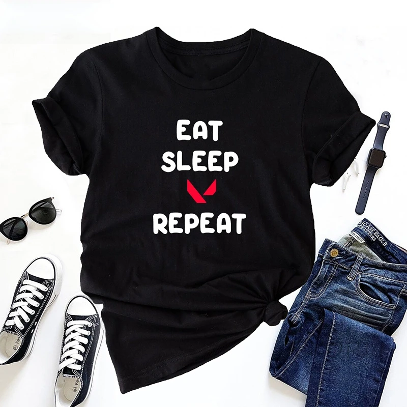 Eat Sleep Valorant Repeat Cotton T Shirt Graphic Print Game Tshirt Women Gamer T Shirts Casual Round Neck Short Sleevetees