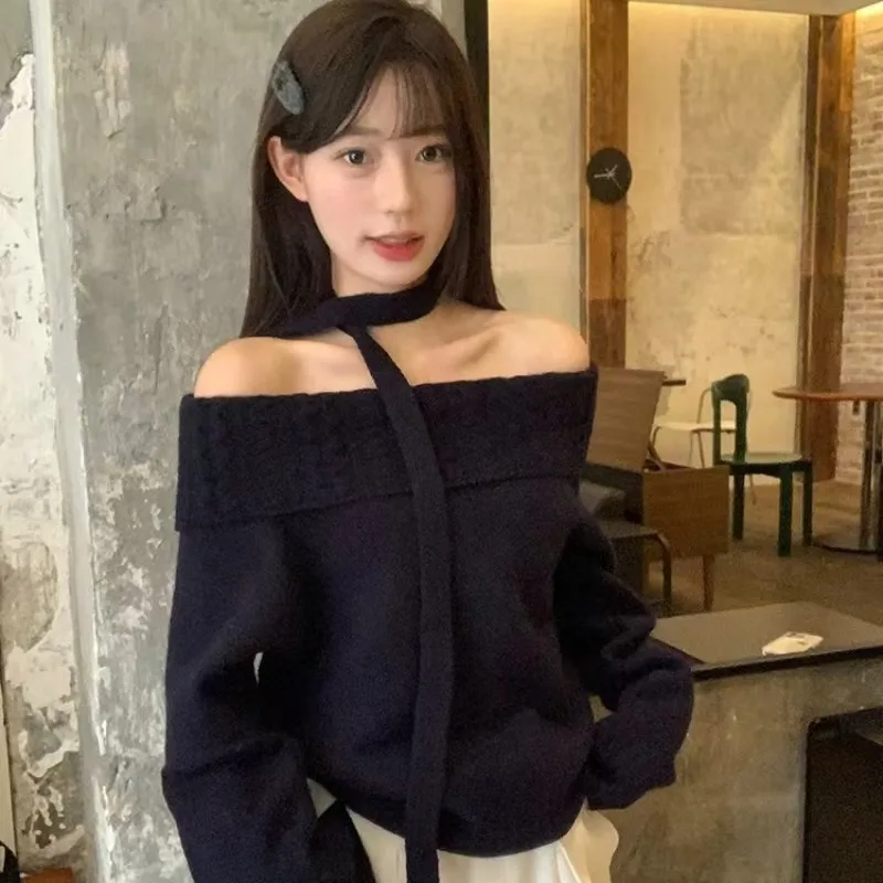 

Women's Knitting Sweater 2026 Spring Autumn Navy Blue Knit Sweater Off Shoulder Slim Fit Elegant Solid Sweater