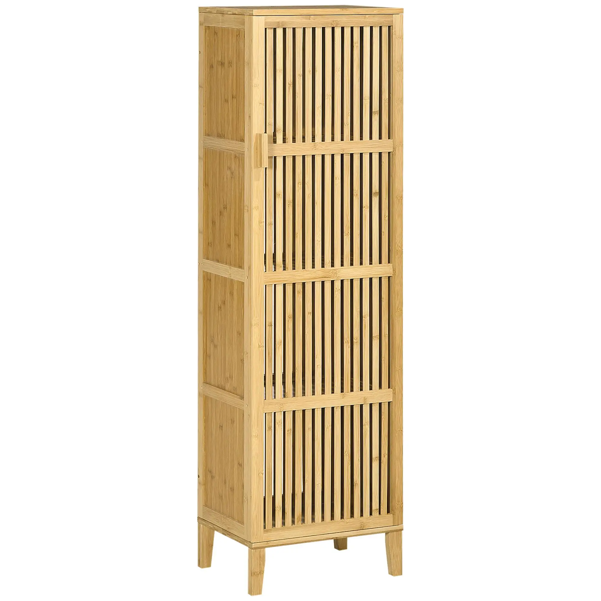 Étagère de salle de bain en bambou à 4 niveaux avec porte à lattes, 40x30x140 cm, naturelle, anti-chute