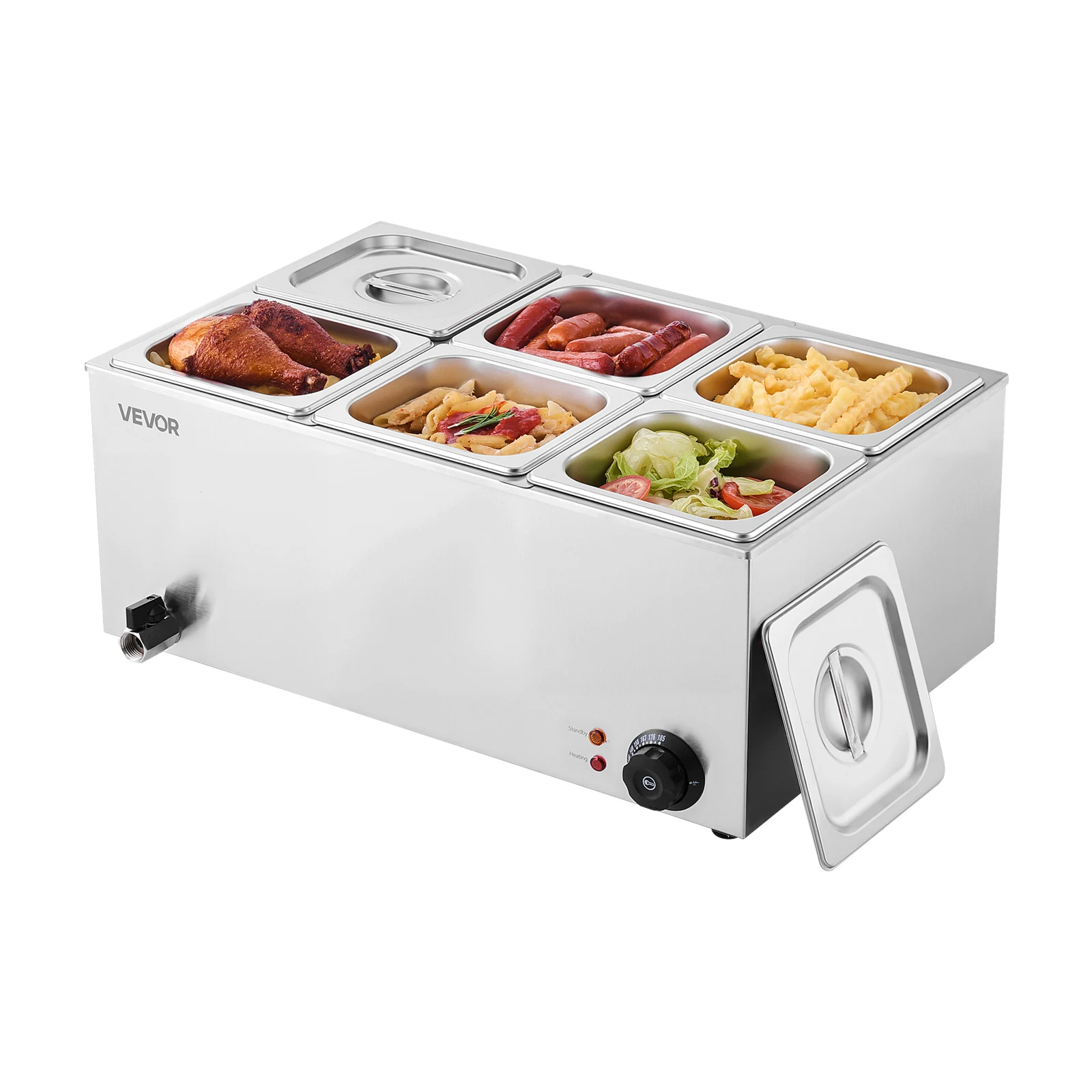 SucceBuy 24QT 6-Pan جهاز تسخين الطعام التجاري 1200 واط طاولة البخار الكهربائية المهنية كونترتوب الفولاذ المقاوم للصدأ بوفيه باين ماري