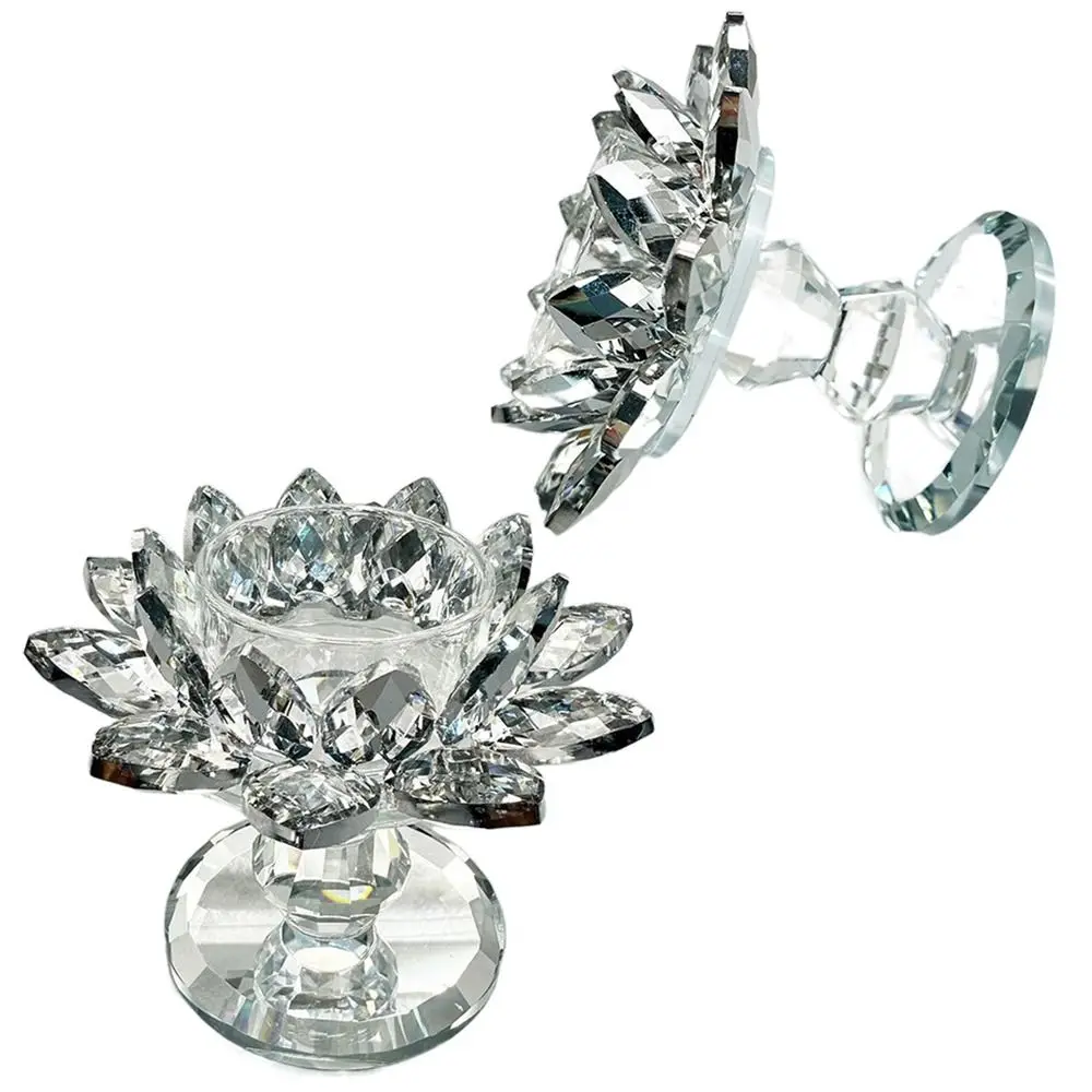 

Bright Crystal Lotus Candlestick Durable Elegant Clear Flower Tealight Holders Flat Bottom Ornament Glass Candle Stand