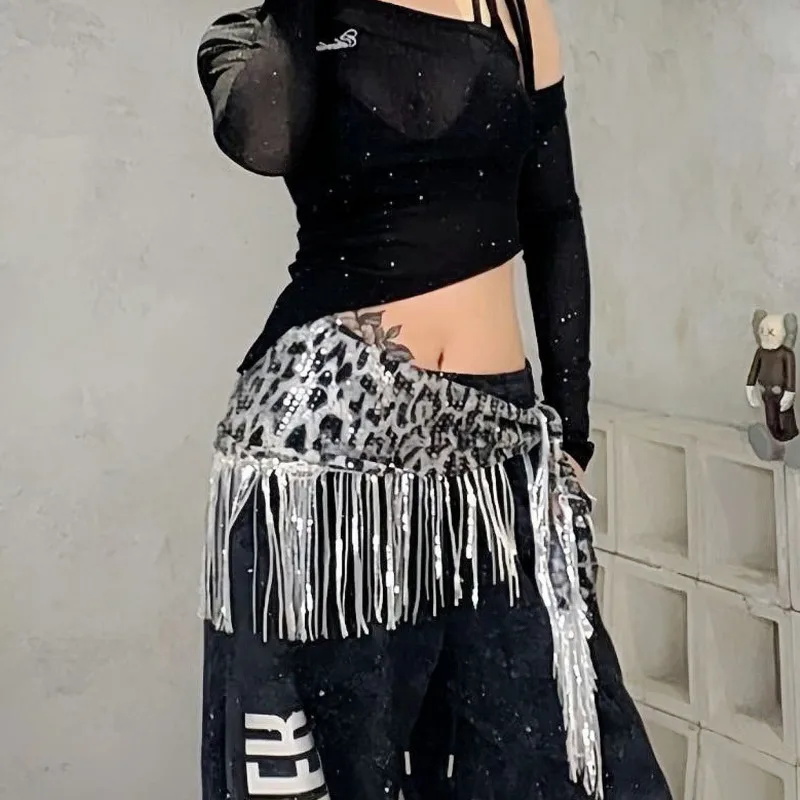 Bohemian Jazz Dance Waist Scarf Personalized Leopard Print Sequins Fart Curtain Street Dance Hip Scarf Accessories Waist Outfit