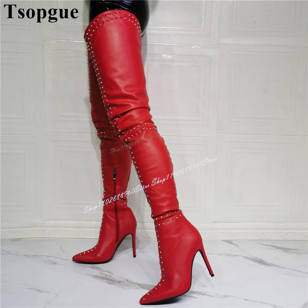 

Over The Knee Red Matte Leather Rivet Decor Boots Thin High Heel Women Shoes Side Zipper Pointed Toe 2024 Zapatos Para Mujere