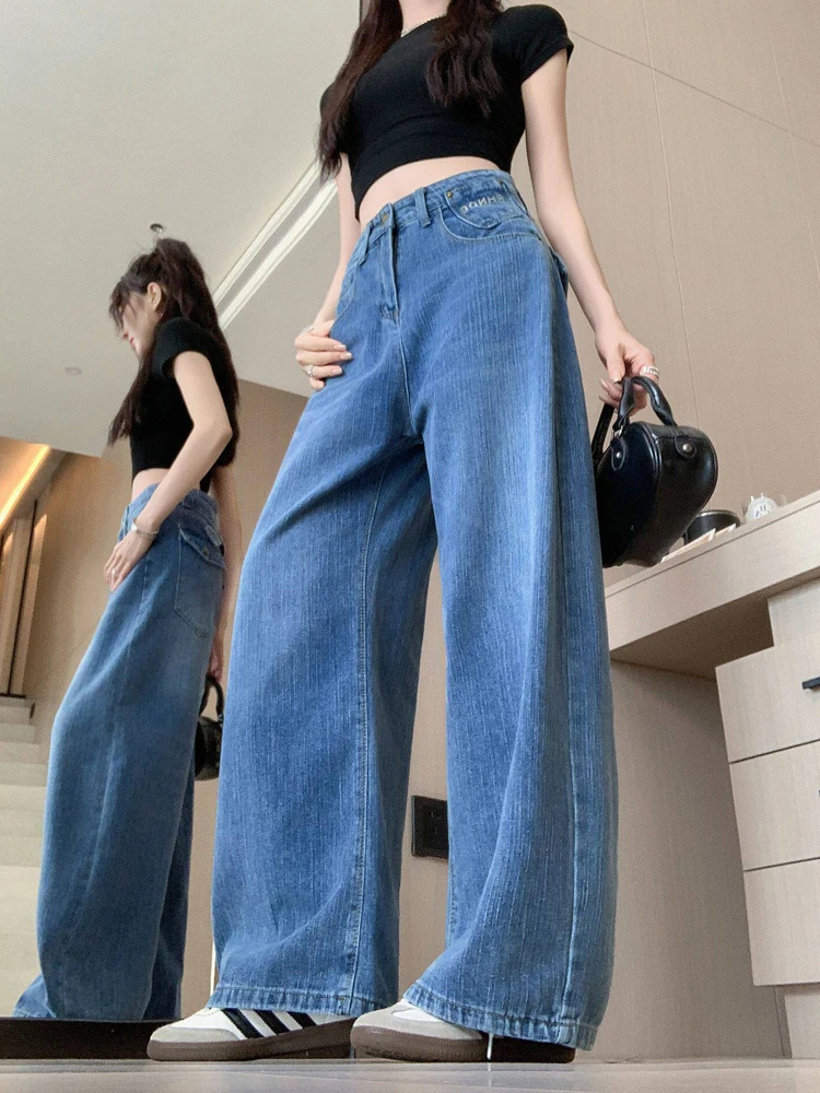 

Washed Blue High Waist Loose Wide Leg Jeans Women's Summer New Style Vintage High Waist Loose Fit Casual Straight Leg Jeans