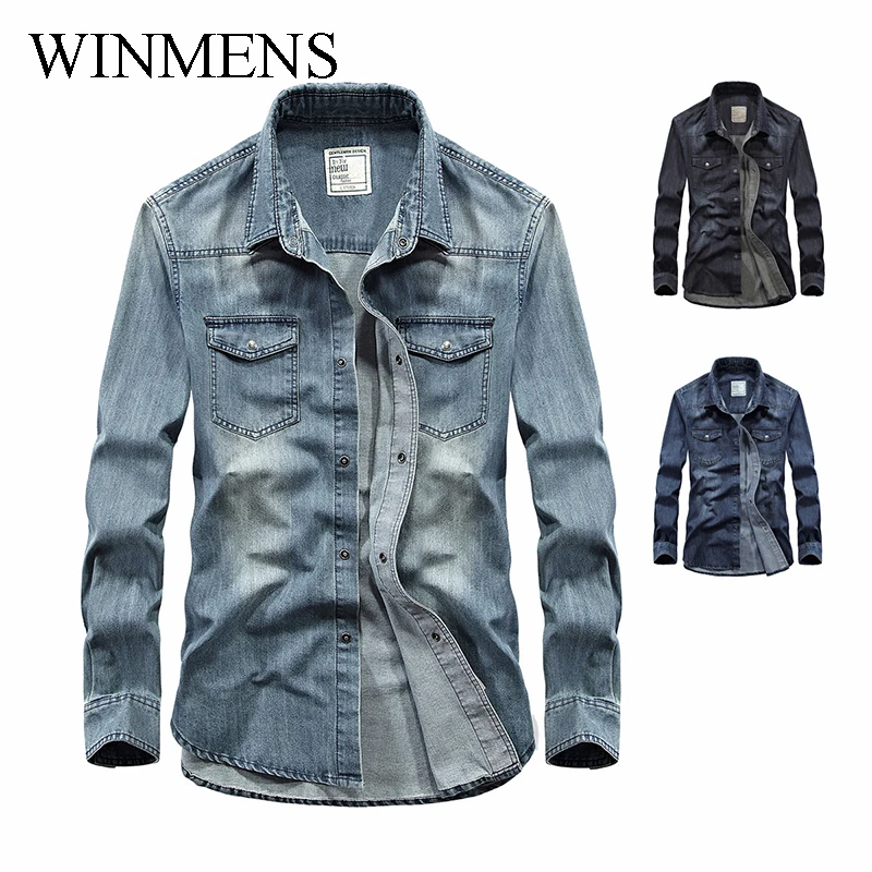 

Men's Denim Shirts Long Sleeves Autumn 2024 Jeans Cotton Turn-down Shirt Close-fitting Rivet Pocket Casual Outdoor Tops