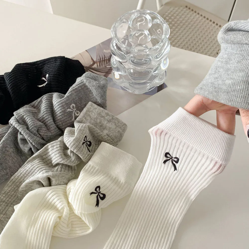 Socks Women Spring Summer Bow Ultra-thin Mid-tube Socks Japanese Casual Solid Color Cotton Breathable Mesh Pile Socks