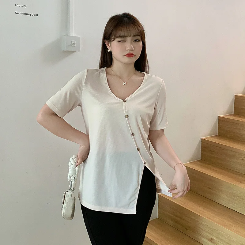 Plus size, mm size full shoulder-shirt for women, covering flesh and appearing thin, irregular thin knit-shirt 3035