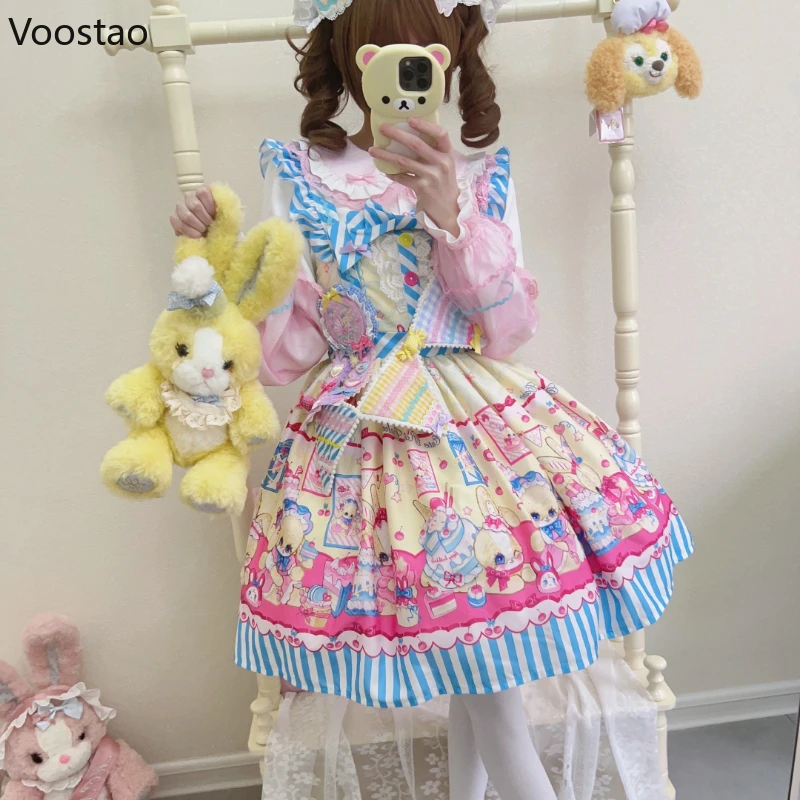 Japanese Sweet Lolita Dress Women Cute Cartoon Bunny Dessert Print Bow Party Mini Dresses Girls Gothic Kawaii Princess Dresses