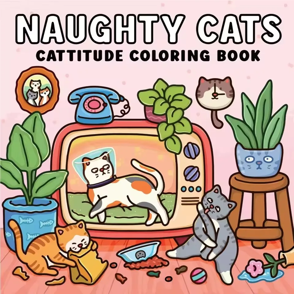 24-Blatt-Malbuch „Naughty Cats“ für Erwachsene mit niedlichen, gemütlichen Tagesaktivitäten zum Entspannen und Zeichnen