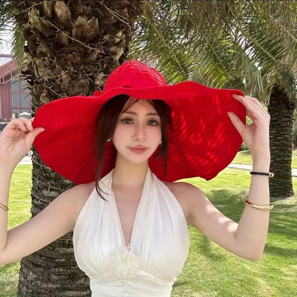 

Portable Solid Color Sun Hat Oversized Brim Anti-UV Travel Sunscreen Hat Breathable Foldable Bow Beach Hat