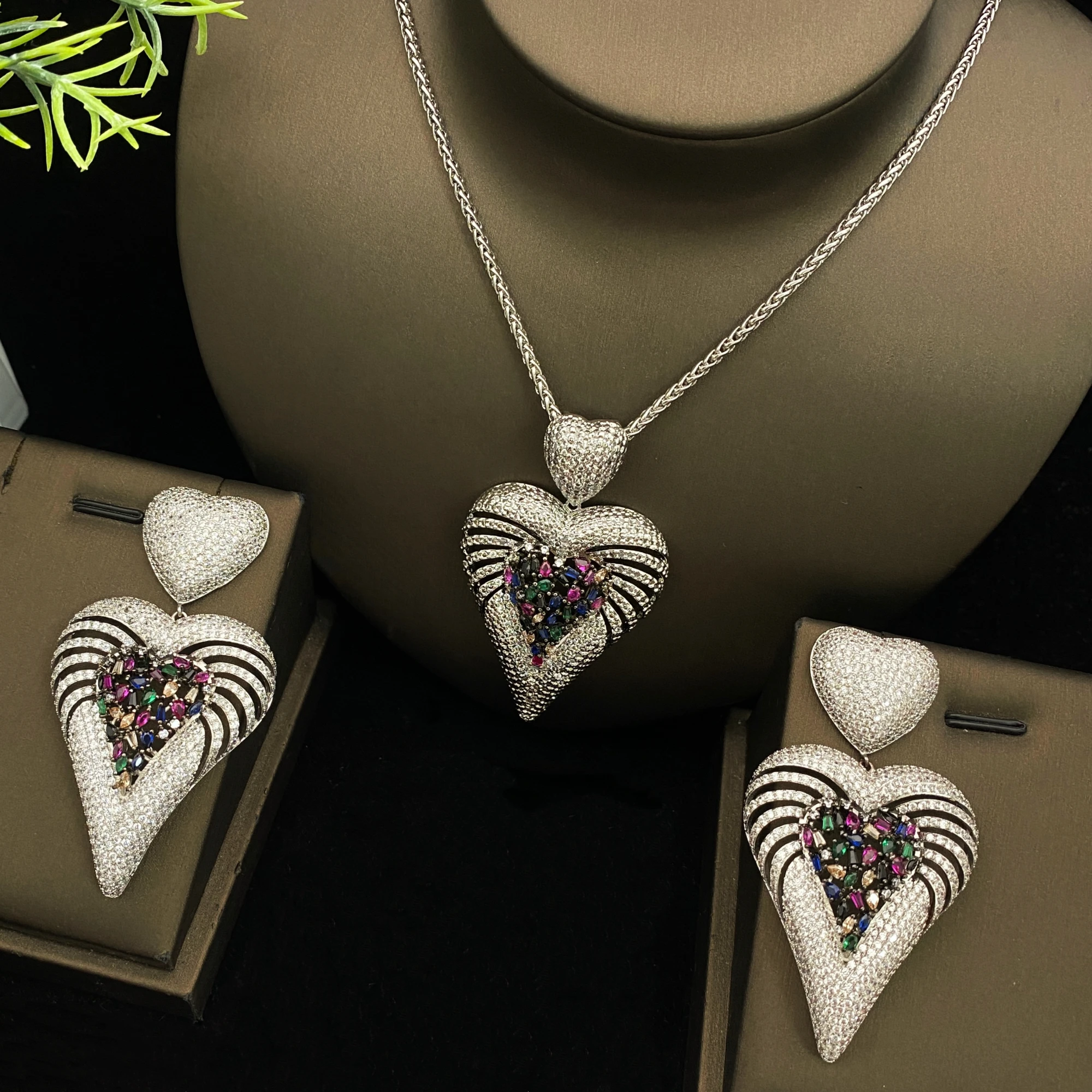 

JRH 2PCS Set Minimalist Multicolor Plated Heart Necklace Stud Earrings Women Geometric Zirconia Pendant Dainty Daily Jewelry