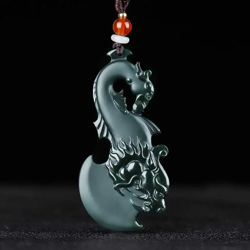 

Natural Xin Jiang He Tian Cyan Jade Carved Dragon Phoenix Ax Necklace Pendant Fashion Couple Ward Off Evil Spirits Safe Gift