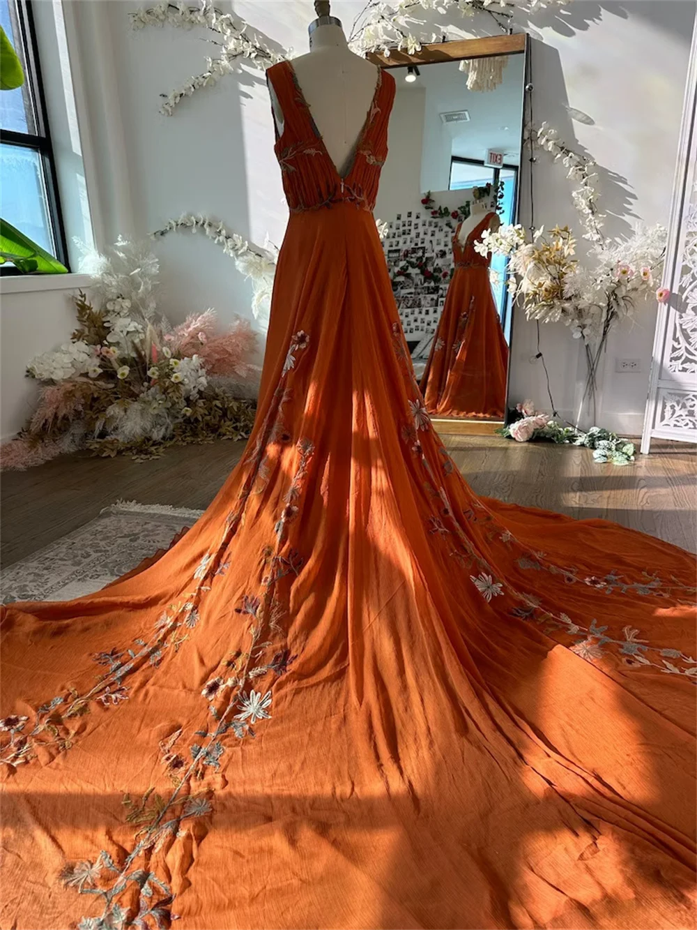 Amanda BOHO Orange Chiffon Elegant Party Sleeveless V-neck Long Train Evening Dress Floor-Length Flowers vestidos de fiestas