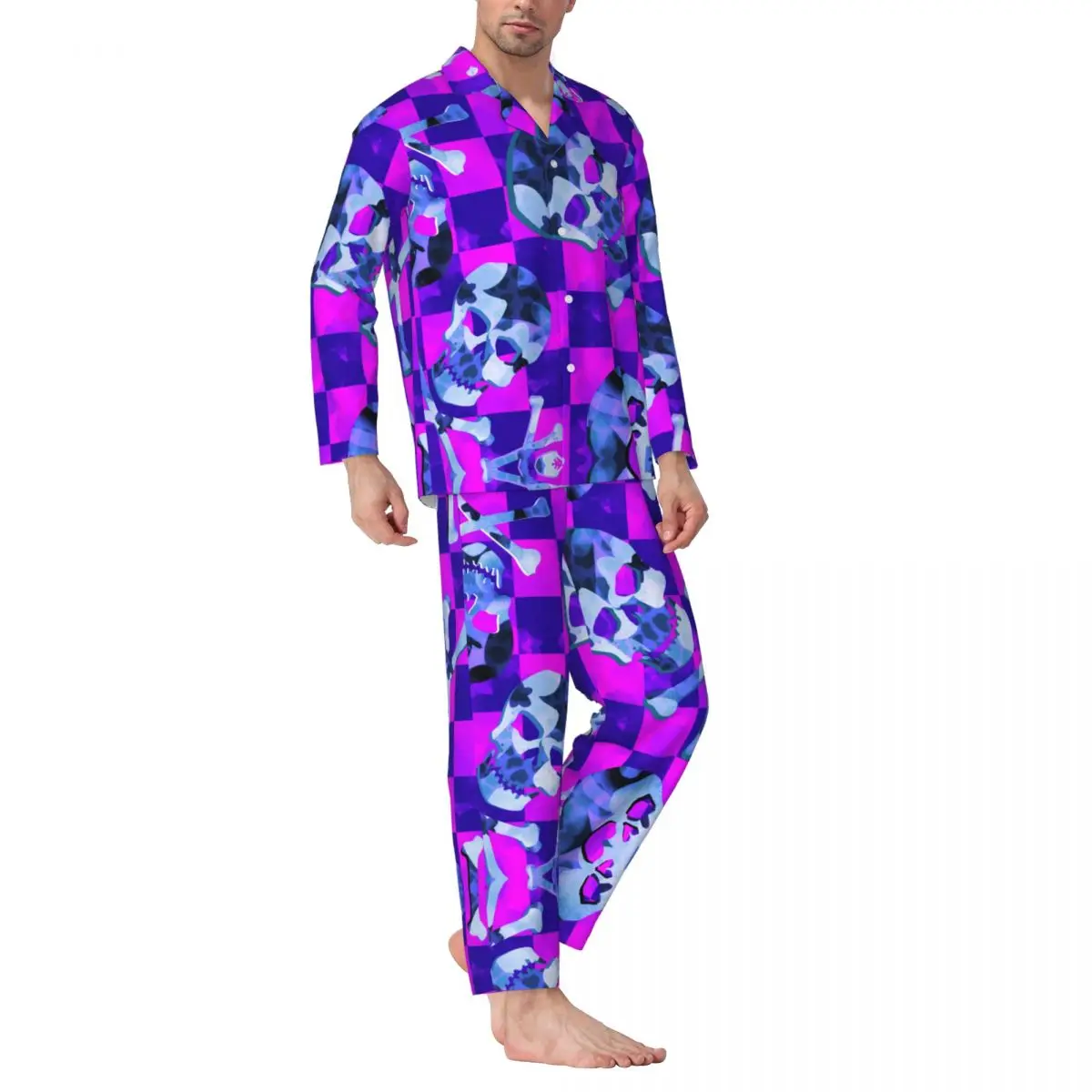 Men Pajamas Set of Autumn Winter Long-Sleeved Abstract Watercolor Textured Skulls And Bones Home Clothing Sleepwear 2PCS/Set