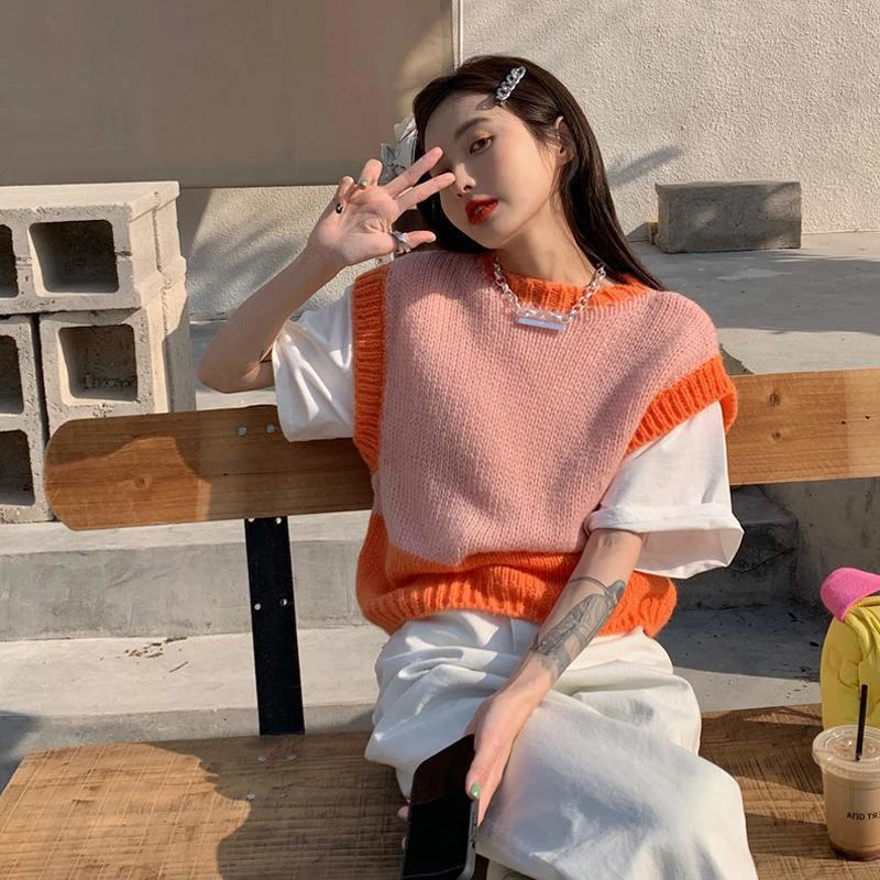 Streetwear Cropped Sweater Vests Women Sweet Patchwork Sleeveless Knitted Waistcoat Harajuku Korean Slim Short Knitwear Jumpers