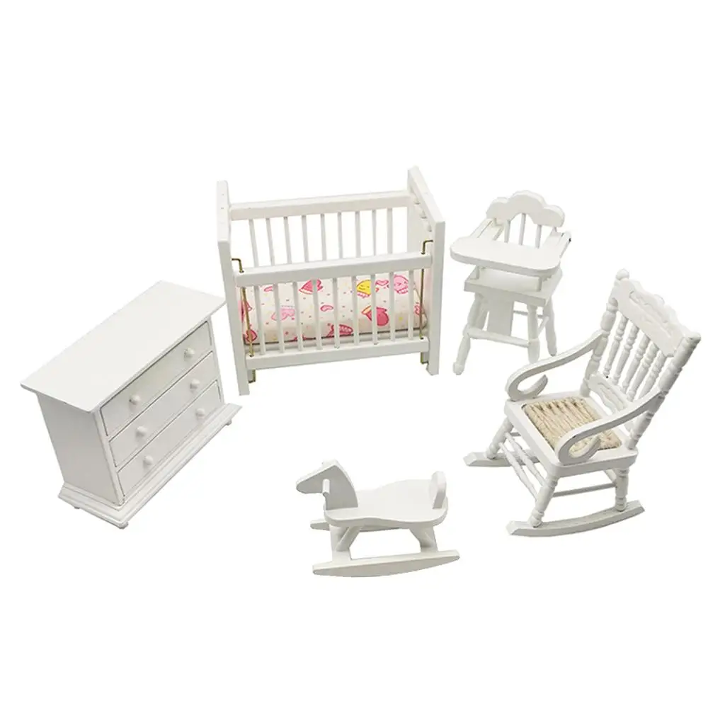 

5x Modern 1:12 Rocking Horse +Crib +Cabinet Furniture Set Dollhouse Supplies