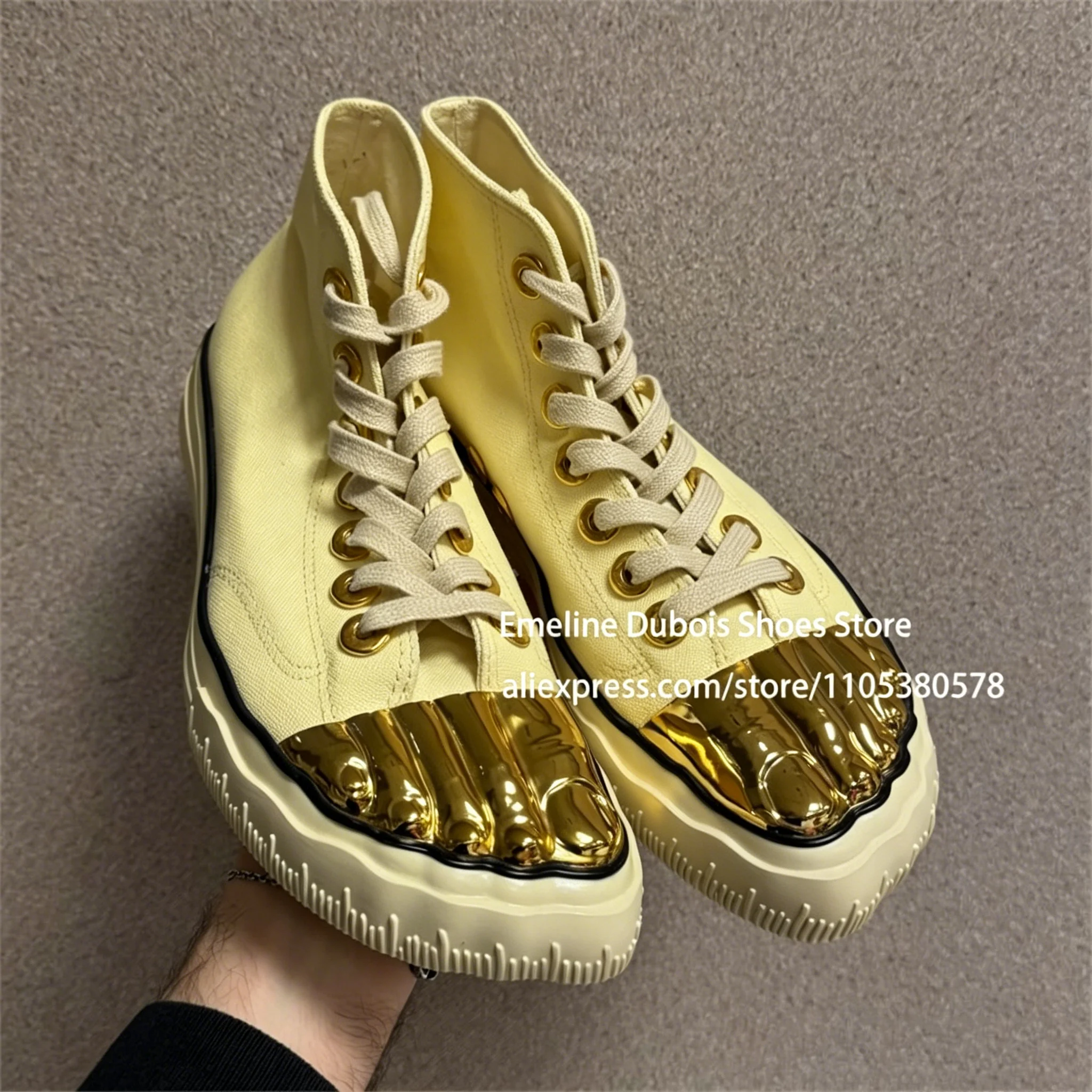 5 Finger Gold Metal Toe Canvas Flats Casual Shoes Patchwork Lace up Shoes Novelty Fashion Shoes for Women Daily Wear Plus Size