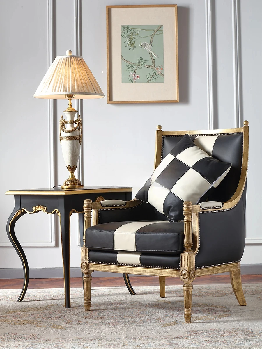 

Французский вход Люкс Дворцовый стиль Твердая древесина Кожа Одноместный диван-кресло Американский и европейский стиль Вилла Кресло для отдыха