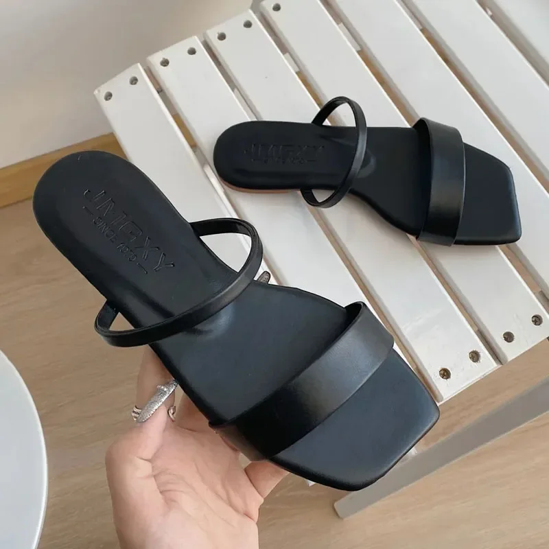 New Slides Women Shoes Summer Fashion Solid color Leather Straps Slippers Lady Square Toe Peep Toe Sandals Flat Outdoor Slippers