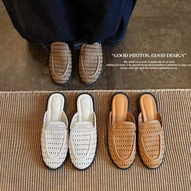 2026new summer women sandals natural leather 22-25cm weave mesh+sheepskin round toe mules low heel women slippers fashion