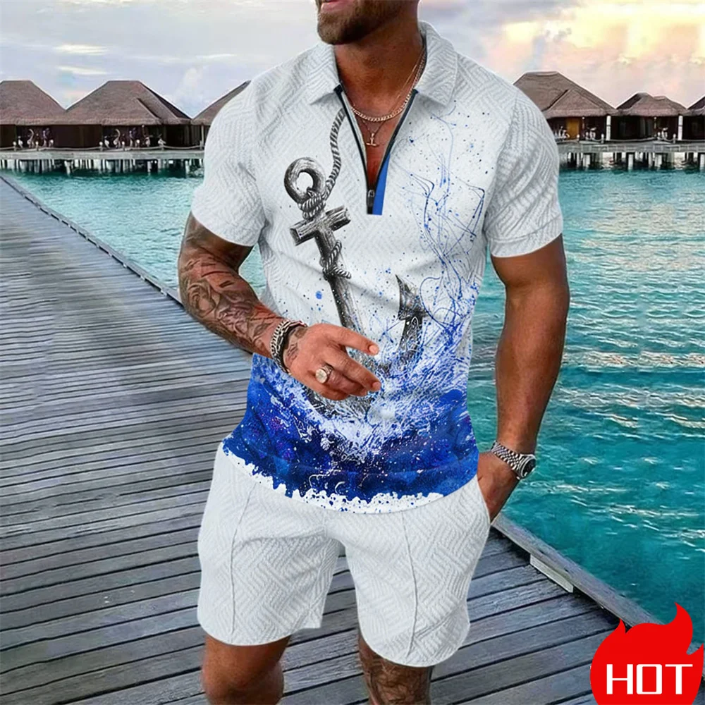 Conjunto de polo de verano para hombre con estampado vintage de ancla de barco, conjunto de dos piezas con cremallera, conjunto deportivo para vacaciones, ropa transpirable para hombre