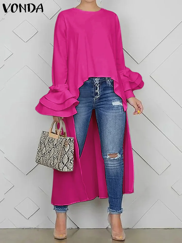 VONDA Casual Irregular Hem Tunics Women Tops 2024 Satin Silk Blouses Elegant Flare Long Sleeve Solid Color Split Layered Blusas