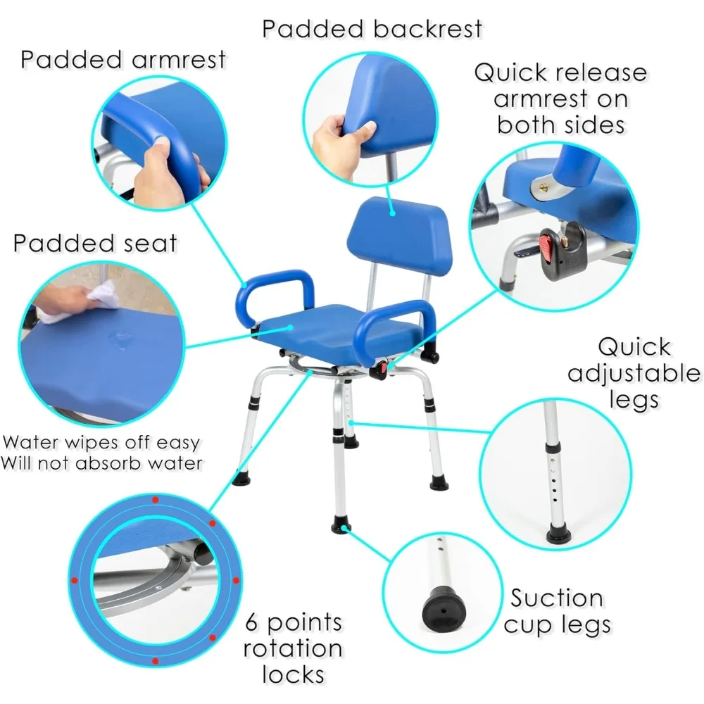 Swivel Pivoting Shower Chair for Bathtub and Shower with Padded Seat, Back and Arms, and Adjustable Height Tool-less Assembly