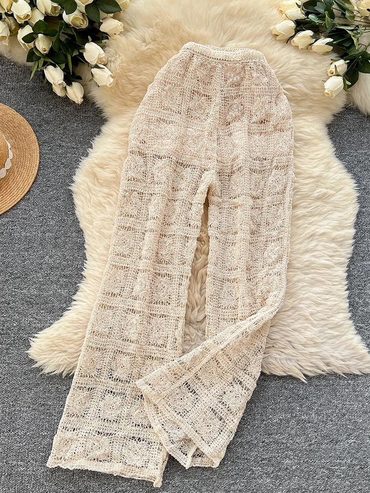 

Корейские женские летние новые брюки с высокой талией, широкие, повседневные, модные, с ажурным узором, вязаные, прямые брюки.