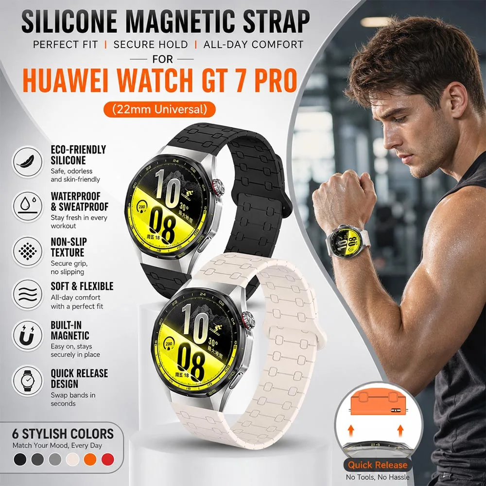 Silikonarmband für Huawei Watch GT7 Pro GT6 Pro GT5Pro, 22mm Uhrenarmband, magnetisches Sport-Ersatzarmband für Huawei Watch GT7 Pro
