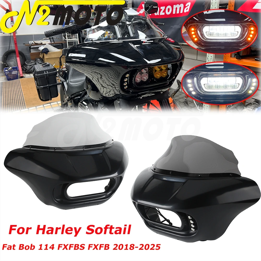 Batwing Fairing Windshield For Harley Softail Fat Bob 114 FXFBS 2018-2026 FXFB 2018-2019 Motorcycle Headlight Cowl w/Turn Signal