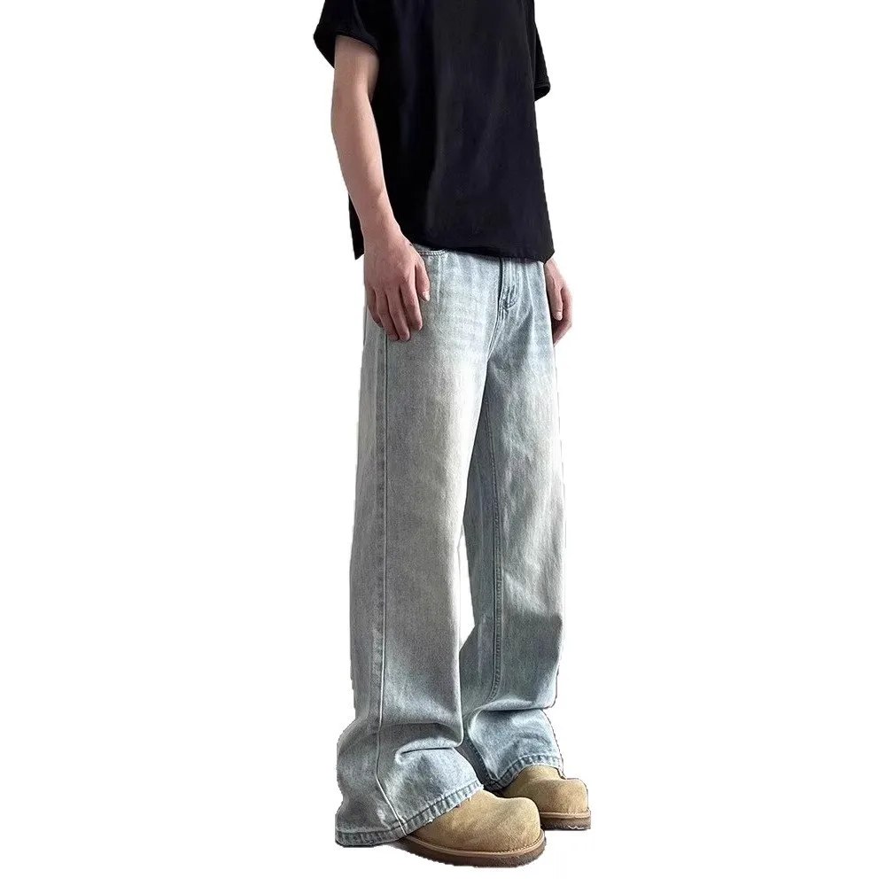 American High Street nueva moda 2025 hombres azul claro recto Casual de moda suelta pantalones vaqueros de pierna ancha pantalones vaqueros masculinos