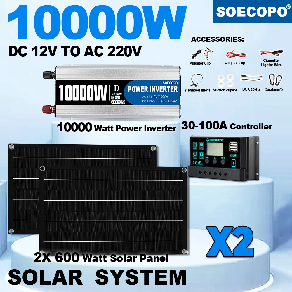 SOECOPO 10000W Solar Power Full Kit DC 12V - AC 110V 220V Inverter 100A Controller 2*600W Panels for Home System Camping