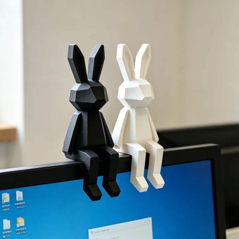2pcs Minimalist Geometric Sitting Rabbit Figurine Set, 3D Low-Polygon Black-and-White Rabbit Computer Monitor Decoration